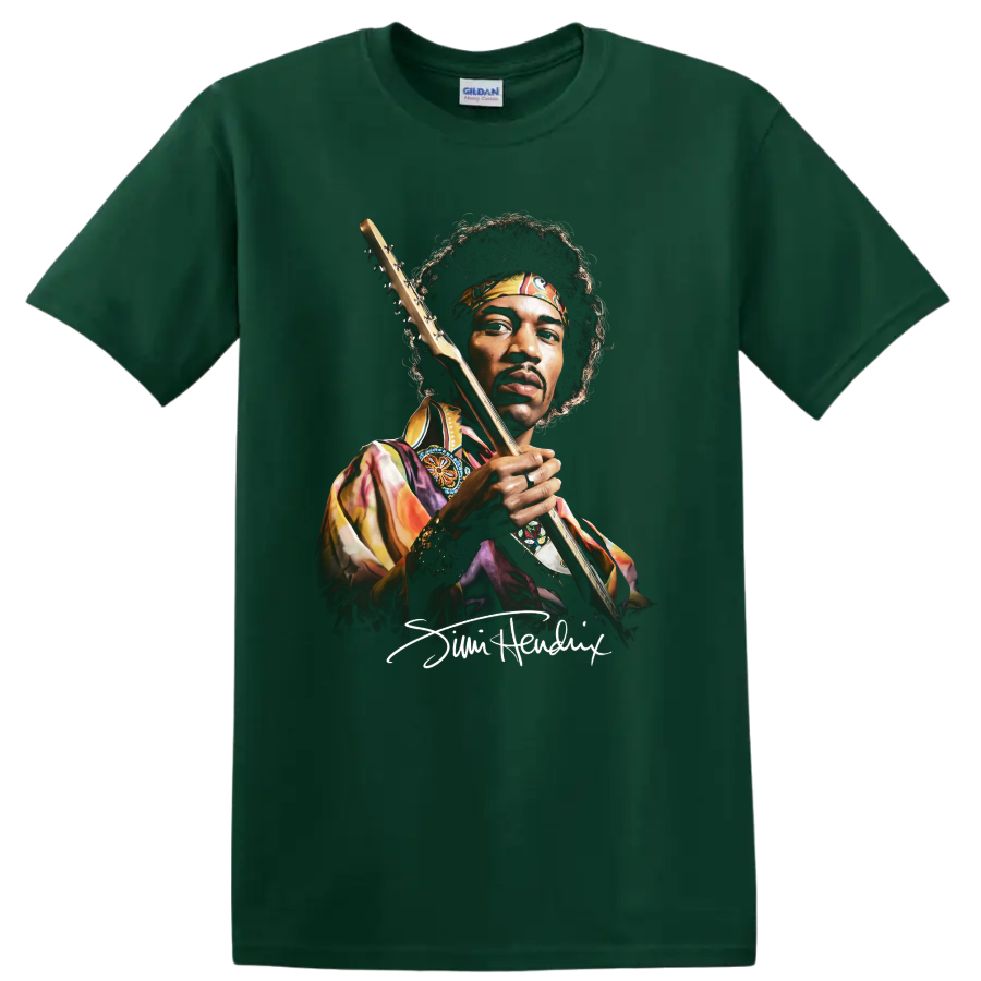 Jimi Hendrix watercolor portrait holding a guitar on a Forest Green T Shirt