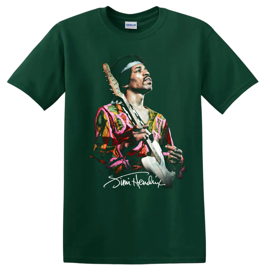 Jimi Hendrix psychedelic portrait holding an electric guitar on a Forest Green T Shirt