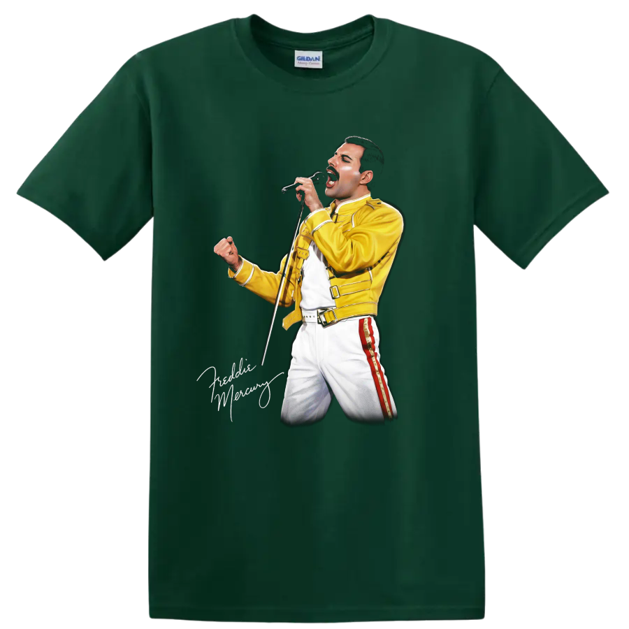 Freddie Mercury performing in yellow 1986 Magic Tour outfit graphic on a Forest Green T Shirt