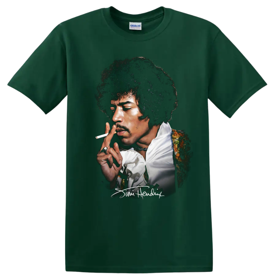 Jimi Hendrix psychedelic rock portrait with signature on a Forest Green T Shirt