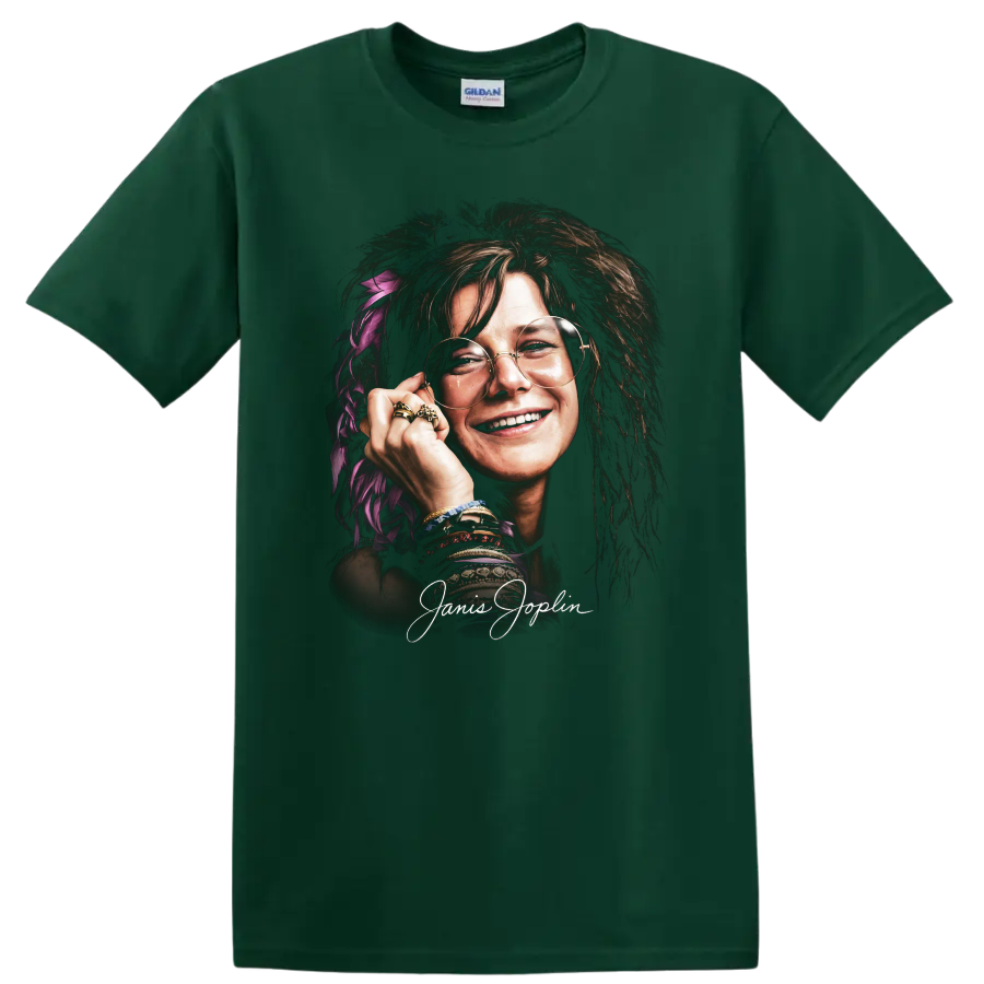 Janis Joplin psychedelic soul portrait graphic print on a Forest Green T Shirt
