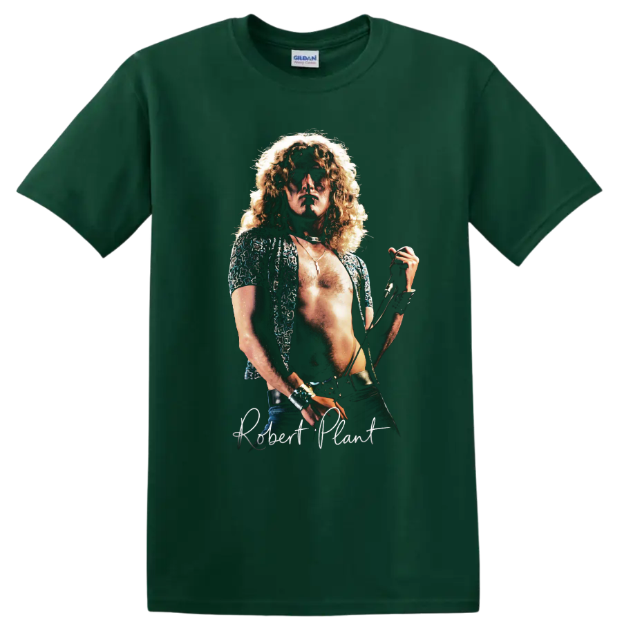 Robert Plant Led Zeppelin vintage rock singer portrait on a Forest Green T Shirt