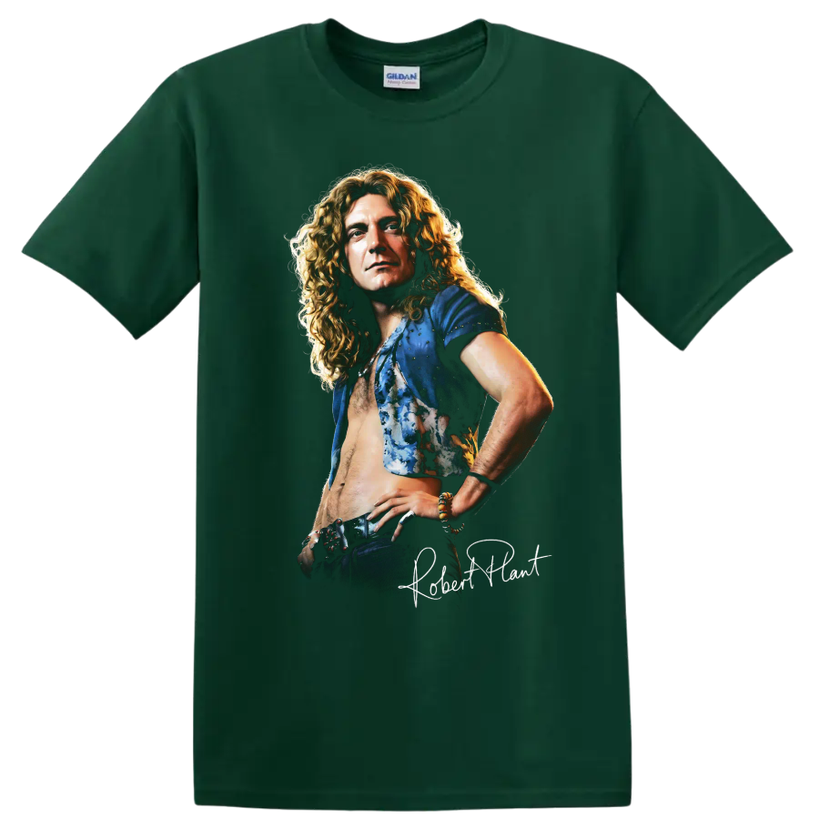 Robert Plant Led Zeppelin rock music portrait graphic print on a Forest Green T Shirt