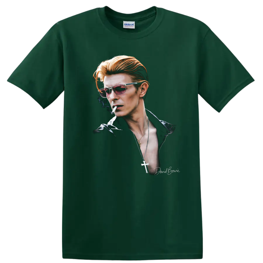 David Bowie Thin White Duke portrait in a moody glam rock style on a Forest Green T Shirt