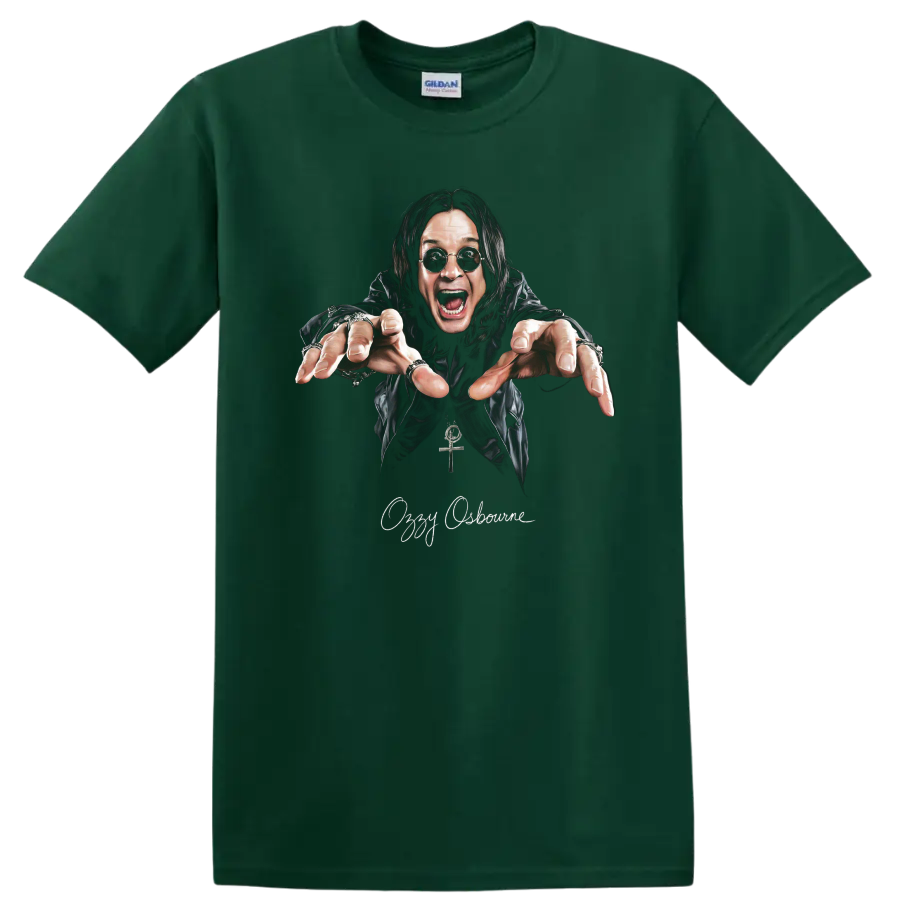 Ozzy Osbourne heavy metal portrait graphic with dramatic reaching pose on a Forest Green T Shirt