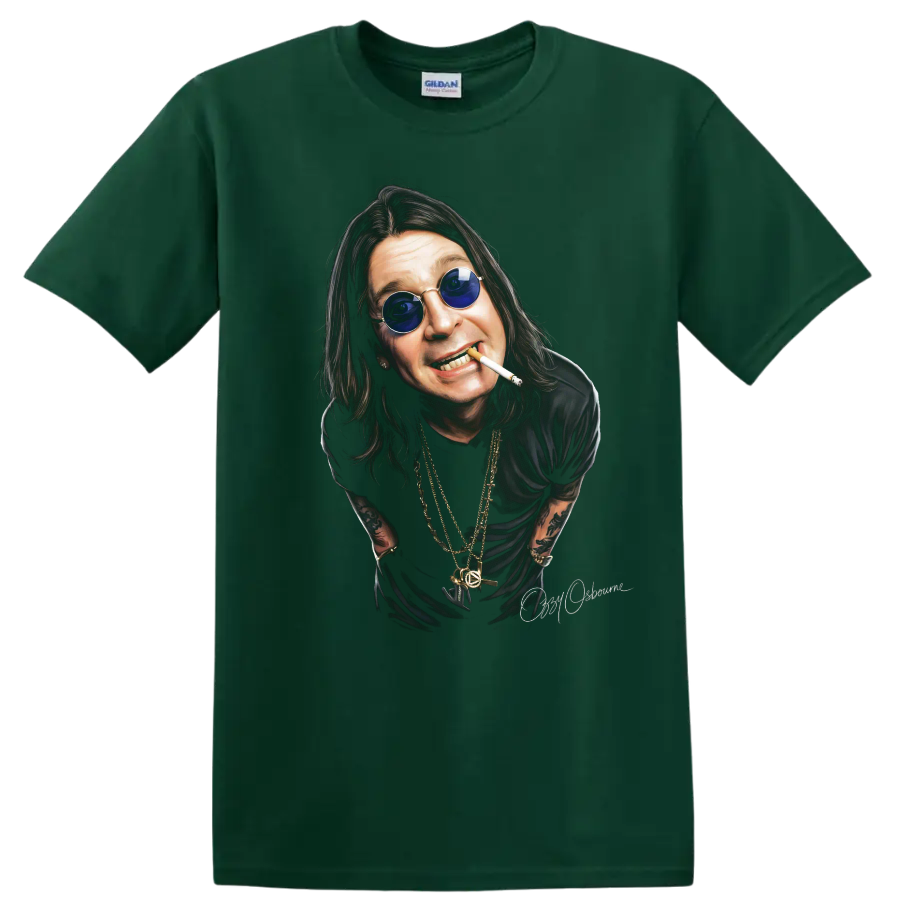 Ozzy Osbourne Black Sabbath heavy metal portrait graphic with blue glasses on a Forest Green T Shirt