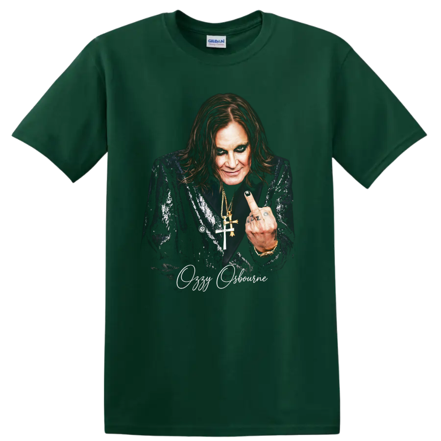 Ozzy Osbourne portrait in a dark heavy metal graphic with script text on a Forest Green T Shirt