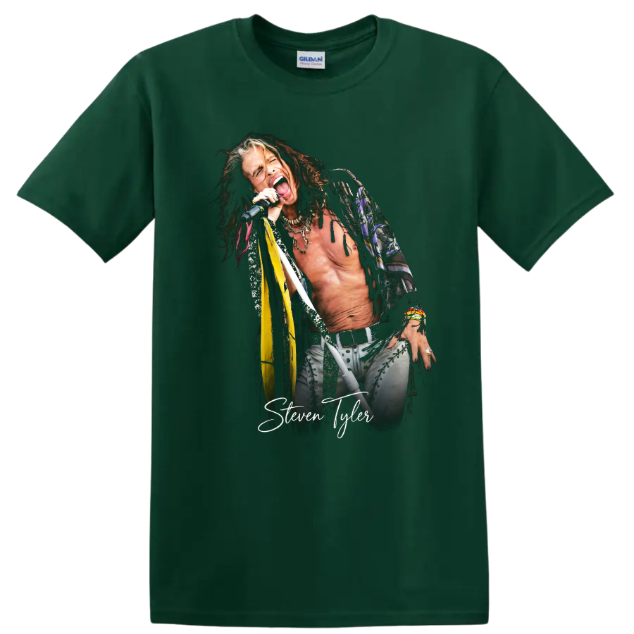 Steven Tyler Aerosmith rock singer portrait with signature graphic on a Forest Green T Shirt