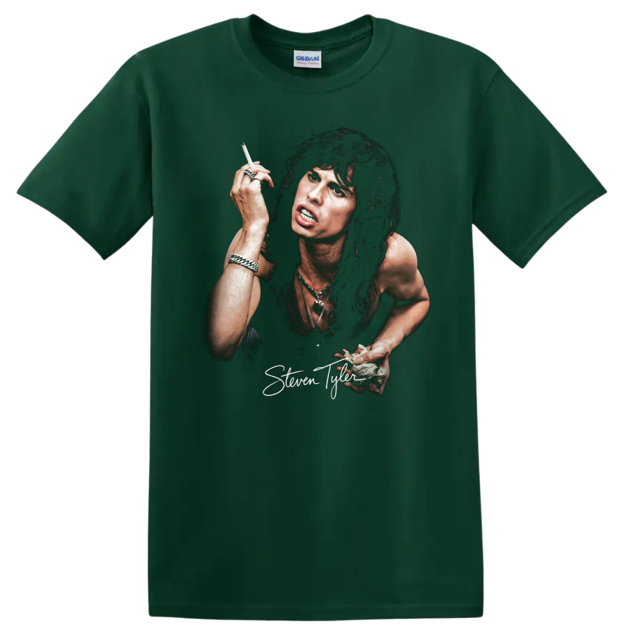 Steven Tyler Aerosmith rock portrait graphic print on a Forest Green T Shirt