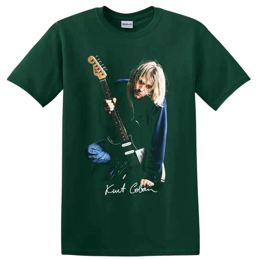 Kurt Cobain grunge portrait holding an electric guitar on a Forest Green T Shirt