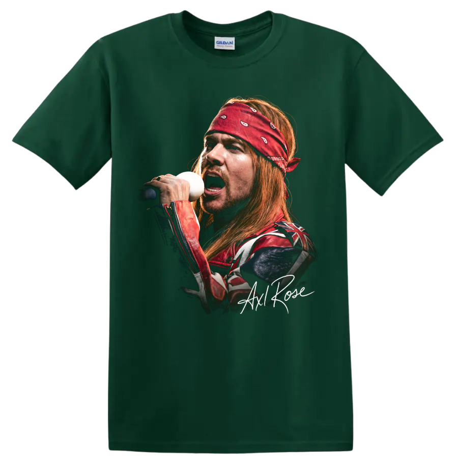 Axl Rose Guns N' Roses hard rock vocalist portrait with signature on a Forest Green T Shirt