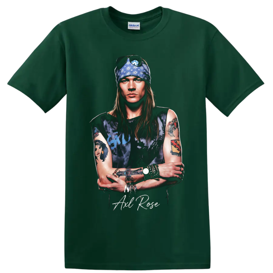 Axl Rose Guns N' Roses pop-art portrait with blue bandana on a Forest Green T Shirt