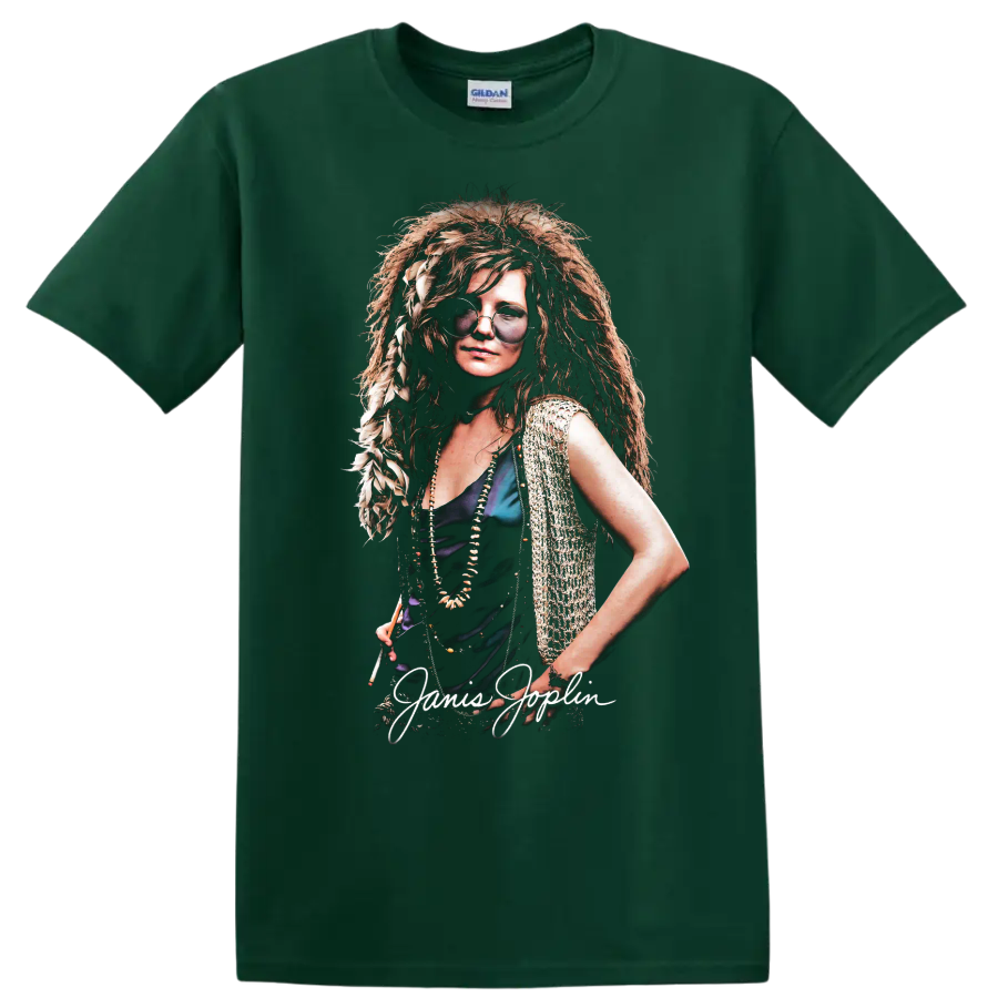 Janis Joplin pop-art rock portrait with handwritten name on a Forest Green T Shirt
