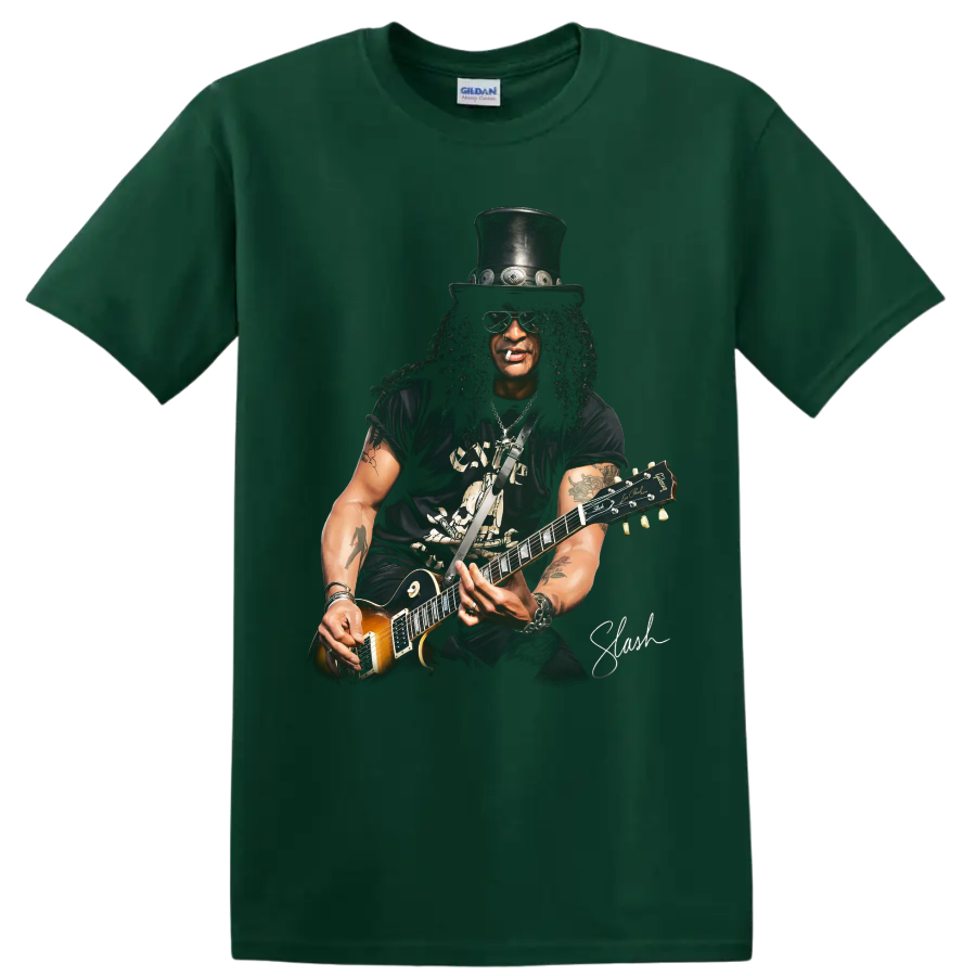 Slash Guns N' Roses guitarist portrait with top hat and electric guitar on a Forest Green T Shirt