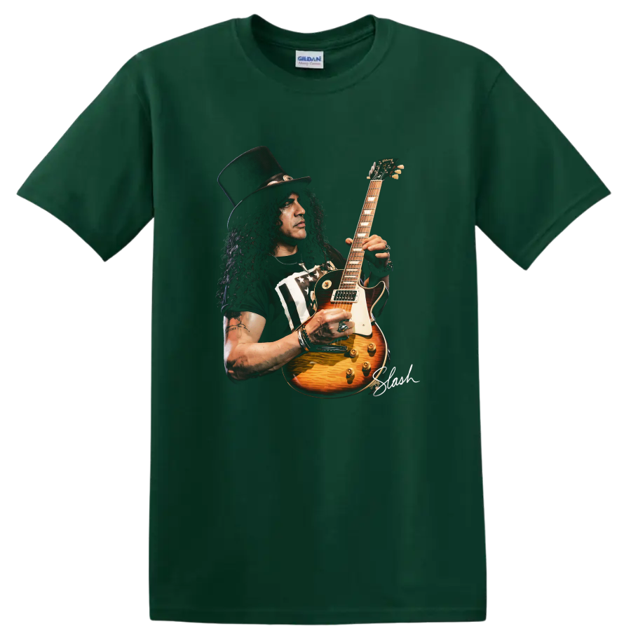 Slash portrait playing a sunburst Gibson Les Paul-style electric guitar on a Forest Green T Shirt