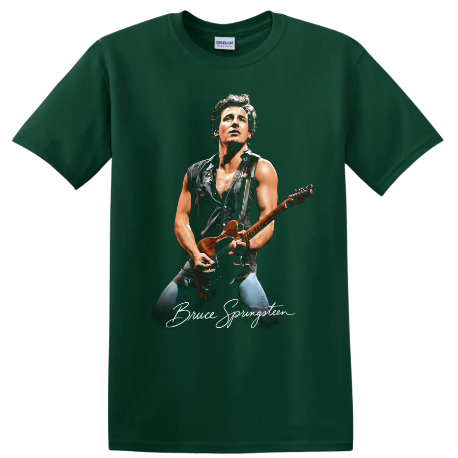 Bruce Springsteen pop-art guitar portrait on a Forest Green T Shirt
