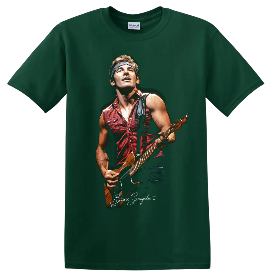 Bruce Springsteen pop-art portrait performing with an electric guitar on a Forest Green T Shirt