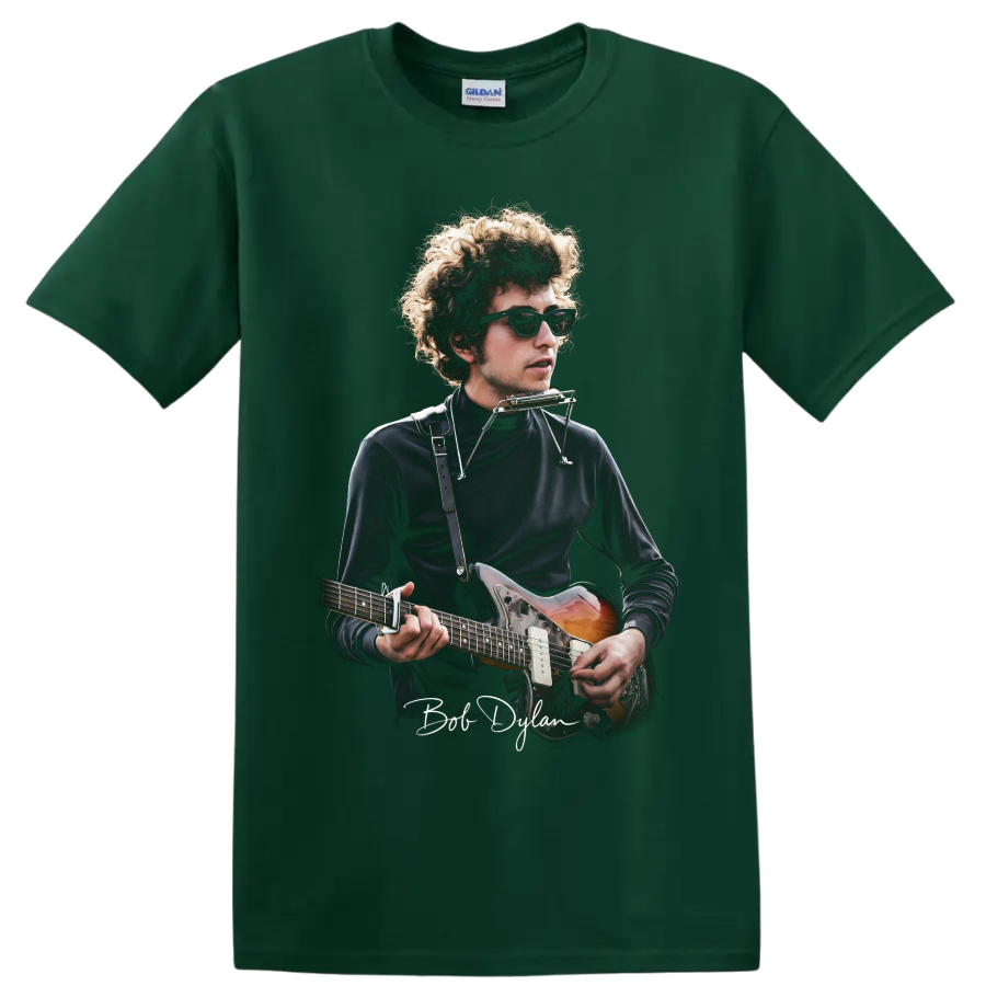 Bob Dylan folk rock portrait with guitar and harmonica on a Forest Green T Shirt
