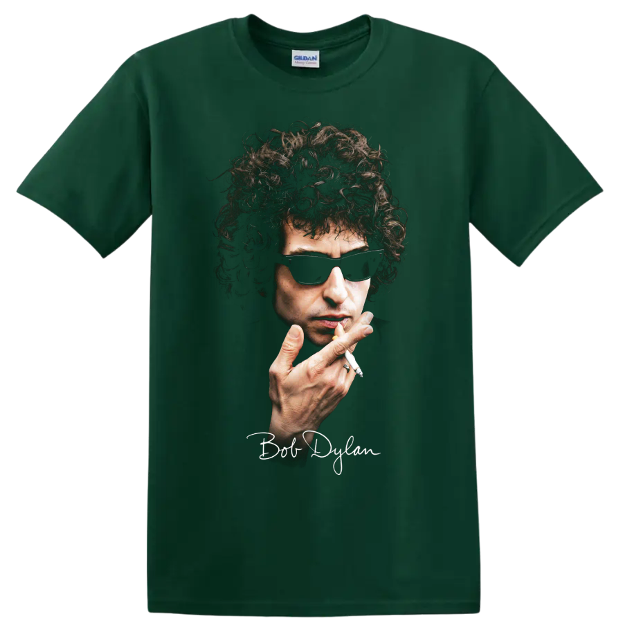 Stylized Bob Dylan portrait with sunglasses and signature on a Forest Green T Shirt