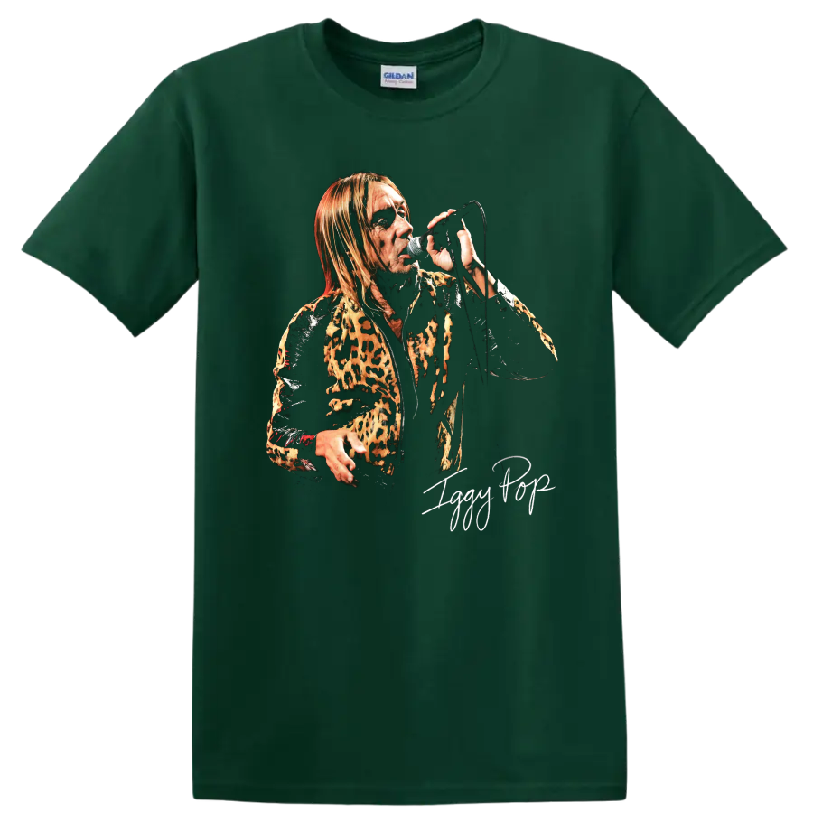 Iggy Pop punk rock portrait performing with a microphone and leopard print jacket on a Forest Green T Shirt