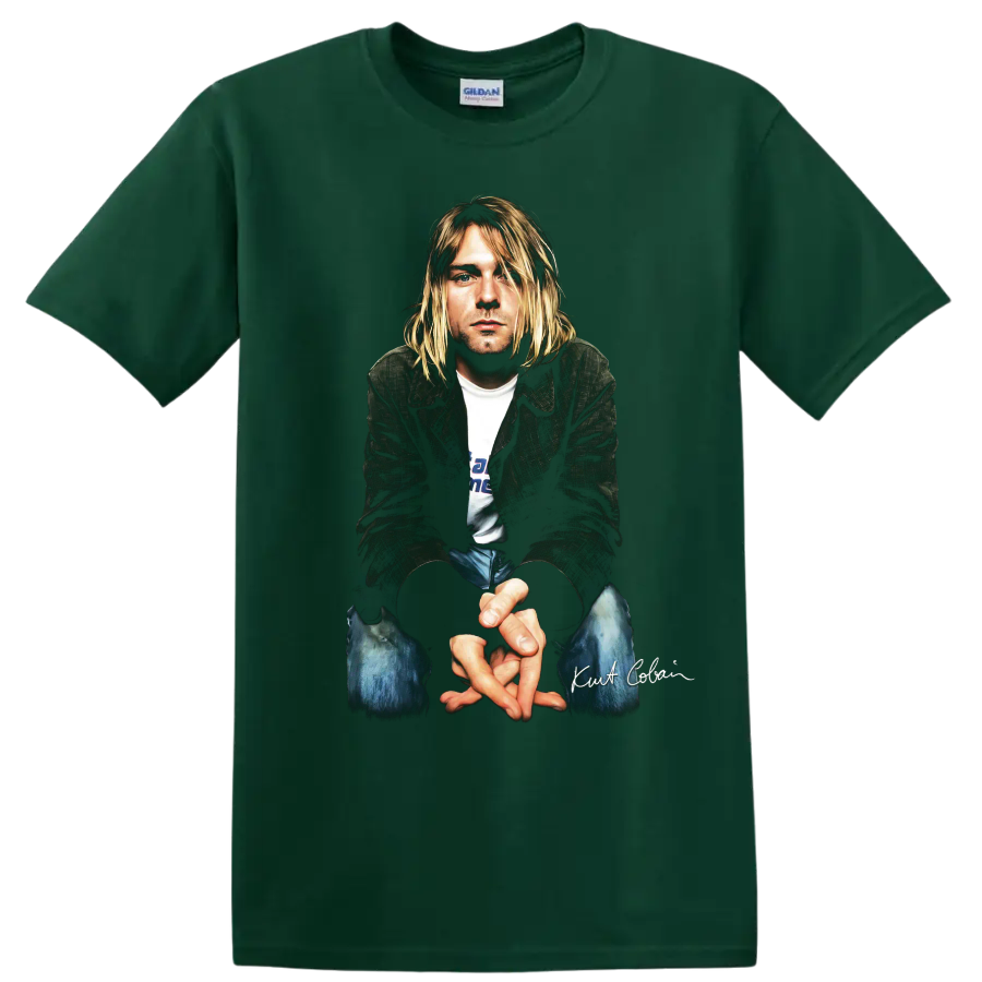 Kurt Cobain Nirvana grunge rock portrait graphic print on a Forest Green T Shirt