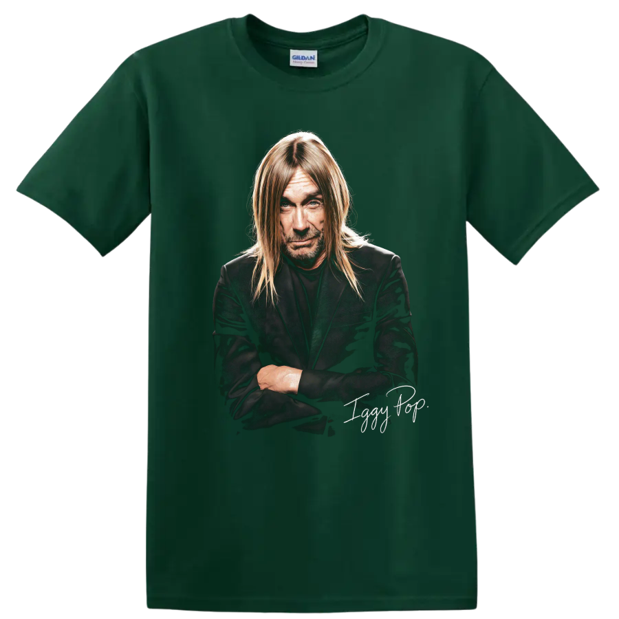 Iggy Pop portrait graphic with The Stooges rock style and signature on a Forest Green T Shirt