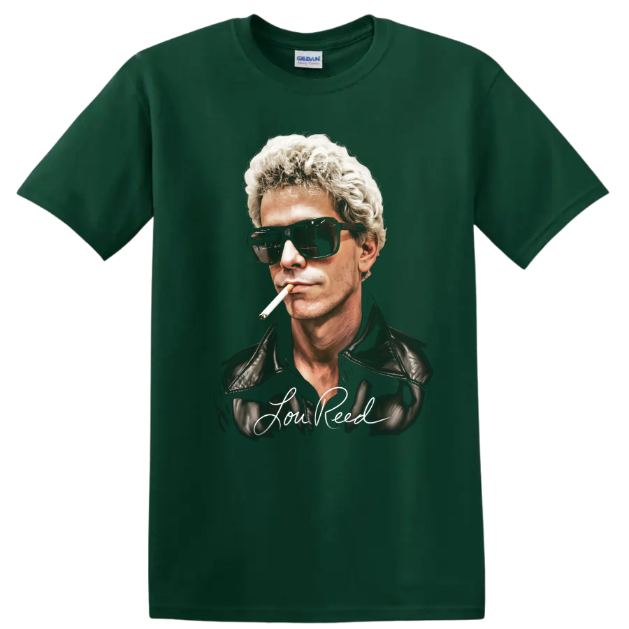 Lou Reed portrait with sunglasses, cigarette, leather jacket, and signature lettering on a Forest Green T Shirt