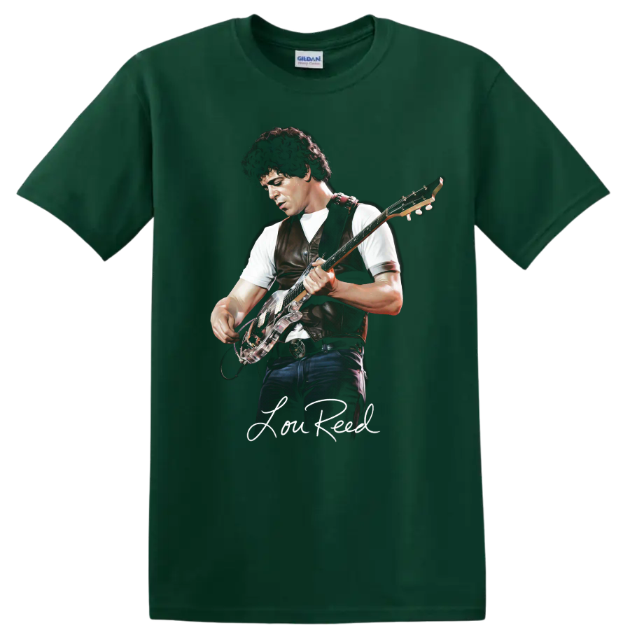 Lou Reed guitar portrait with signature, rock music graphic print on a Forest Green T Shirt