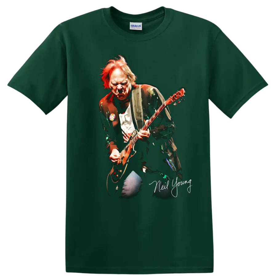 Neil Young playing Old Black Les Paul in a dramatic rock graphic on a Forest Green T Shirt