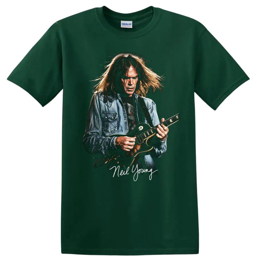 Neil Young vintage-style rock guitar portrait with handwritten name on a Forest Green T Shirt