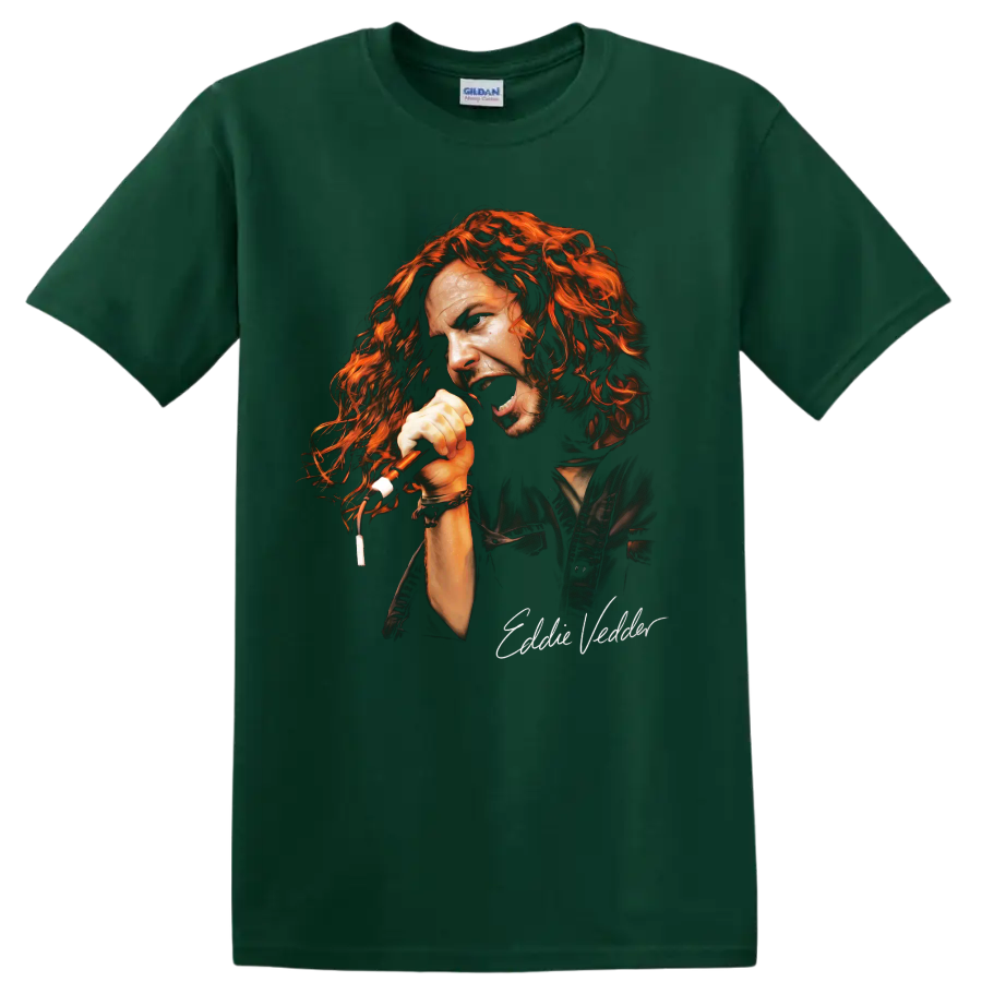 Eddie Vedder grunge rock vocalist portrait graphic on a Forest Green T Shirt