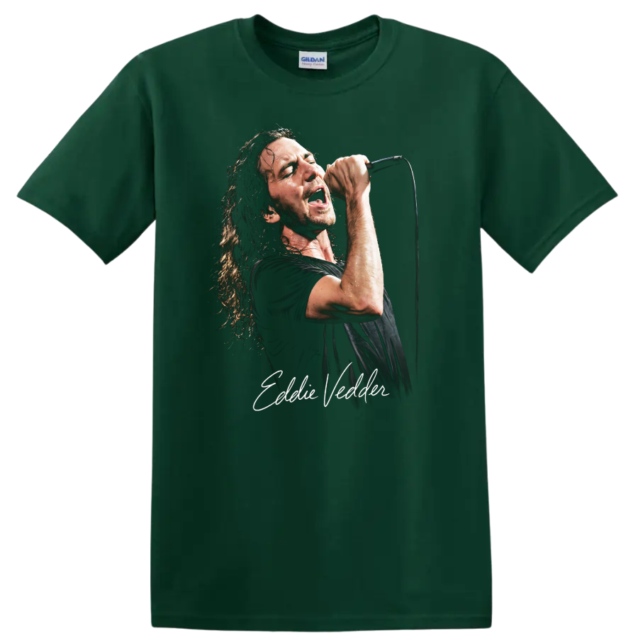 Eddie Vedder singing into a microphone in a distressed grunge portrait on a Forest Green T Shirt