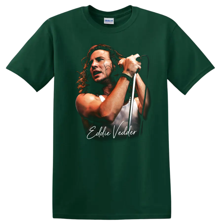 Eddie Vedder Pearl Jam grunge portrait with microphone and script text on a Forest Green T Shirt