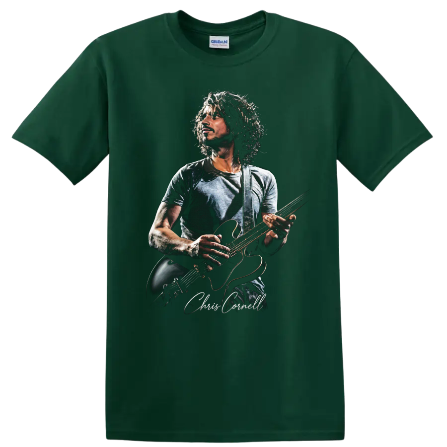 Chris Cornell grunge rock portrait playing electric guitar on a Forest Green T Shirt