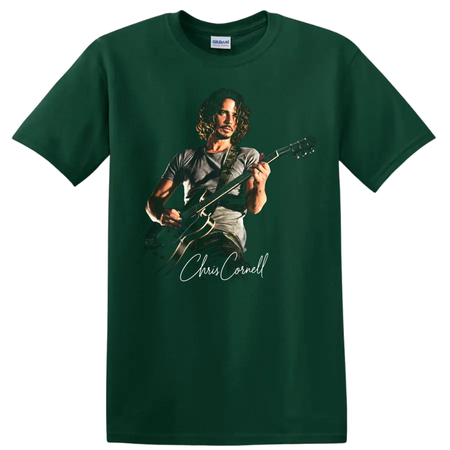 Chris Cornell playing guitar in a dramatic rock portrait with signature on a Forest Green T Shirt
