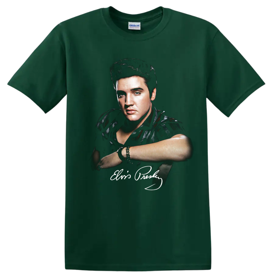 Elvis Presley rock and roll portrait with signature graphic on a Forest Green T Shirt