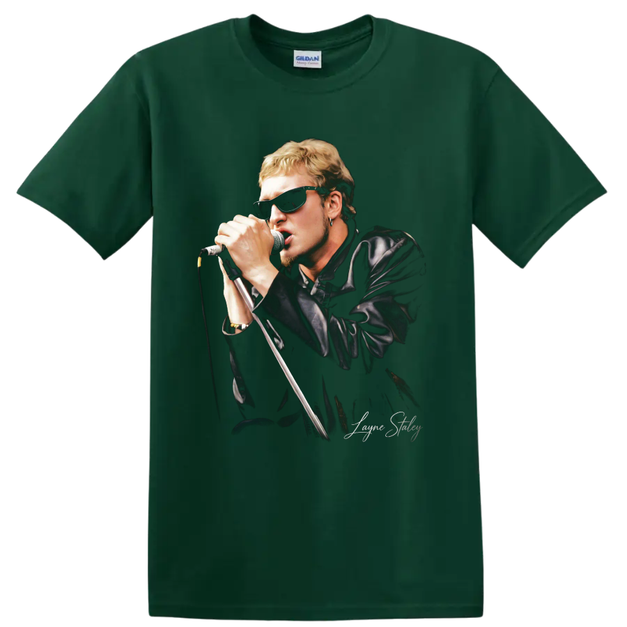 Layne Staley singing into a microphone in a grunge rock portrait on a Forest Green T Shirt
