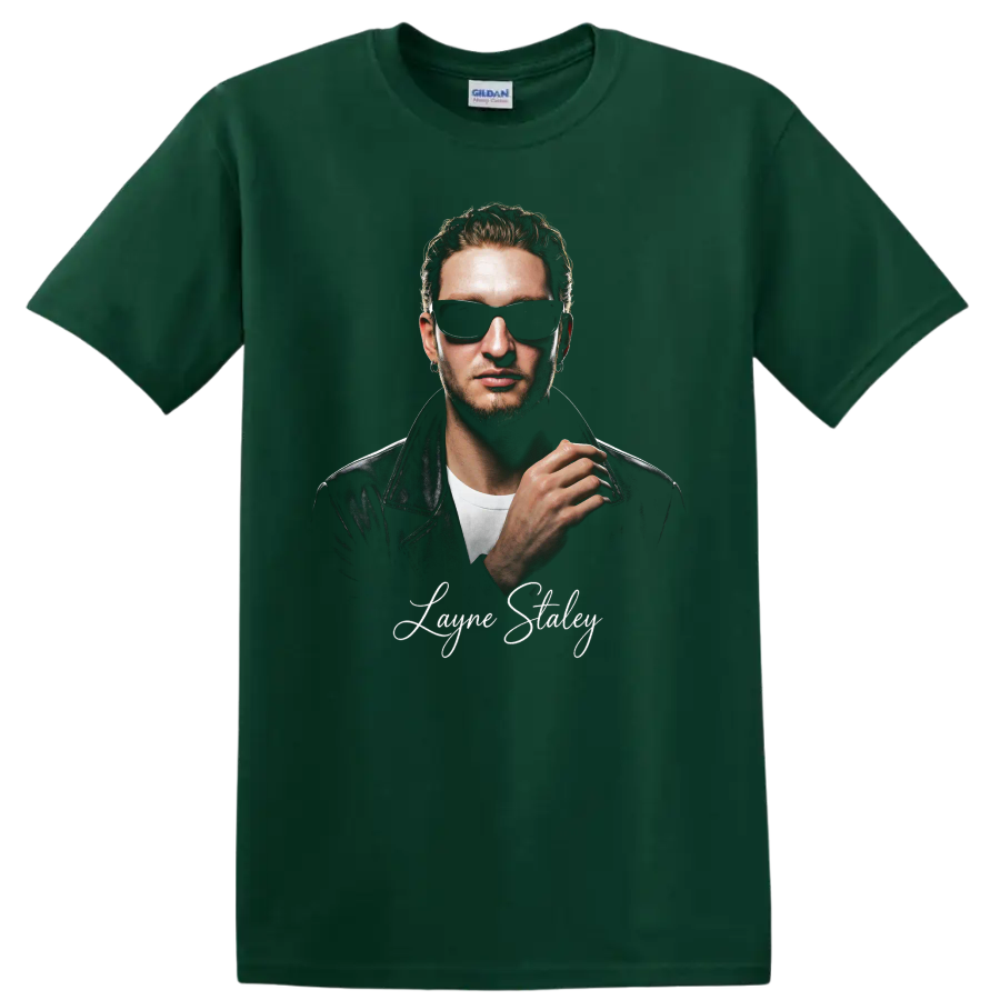 Layne Staley portrait in sunglasses and leather jacket with signature on a Forest Green T Shirt