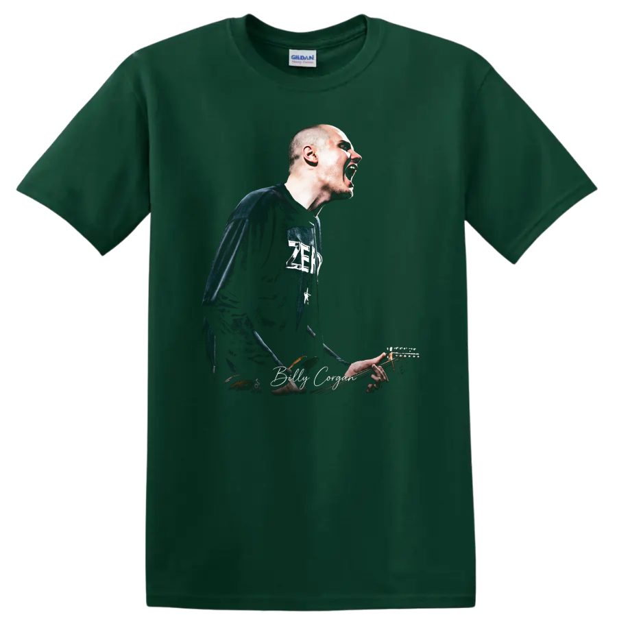 Billy Corgan performing with guitar in a bold alternative rock graphic on a Forest Green T Shirt
