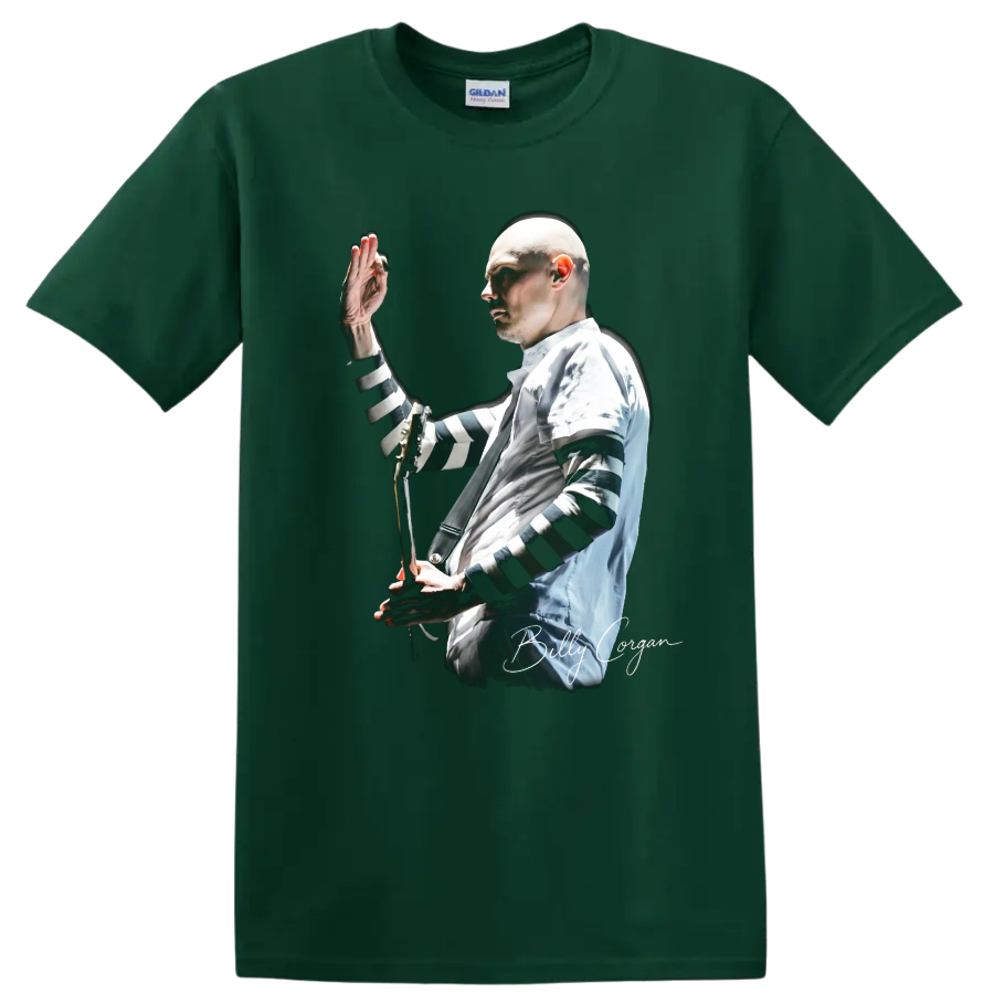 Billy Corgan performing with guitar, high-contrast alternative rock portrait on a Forest Green T Shirt