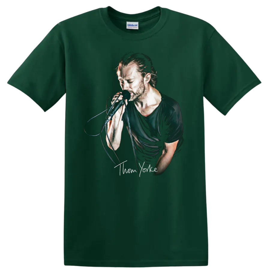 Thom Yorke portrait singing into a microphone in a dark graphic style on a Forest Green T Shirt