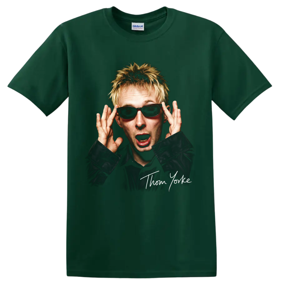 Thom Yorke portrait in sunglasses with handwritten-style name on a Forest Green T Shirt