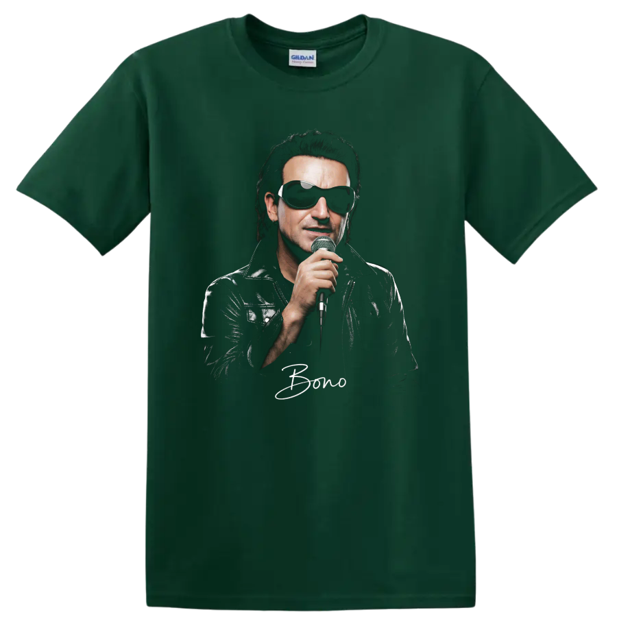 Bono of U2 holding a microphone in a high-contrast rock portrait on a Forest Green T Shirt