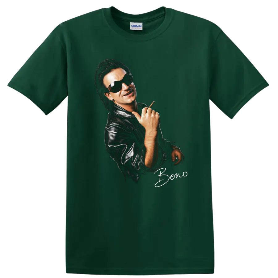 Bono U2 rock portrait wearing sunglasses and a leather jacket on a Forest Green T Shirt
