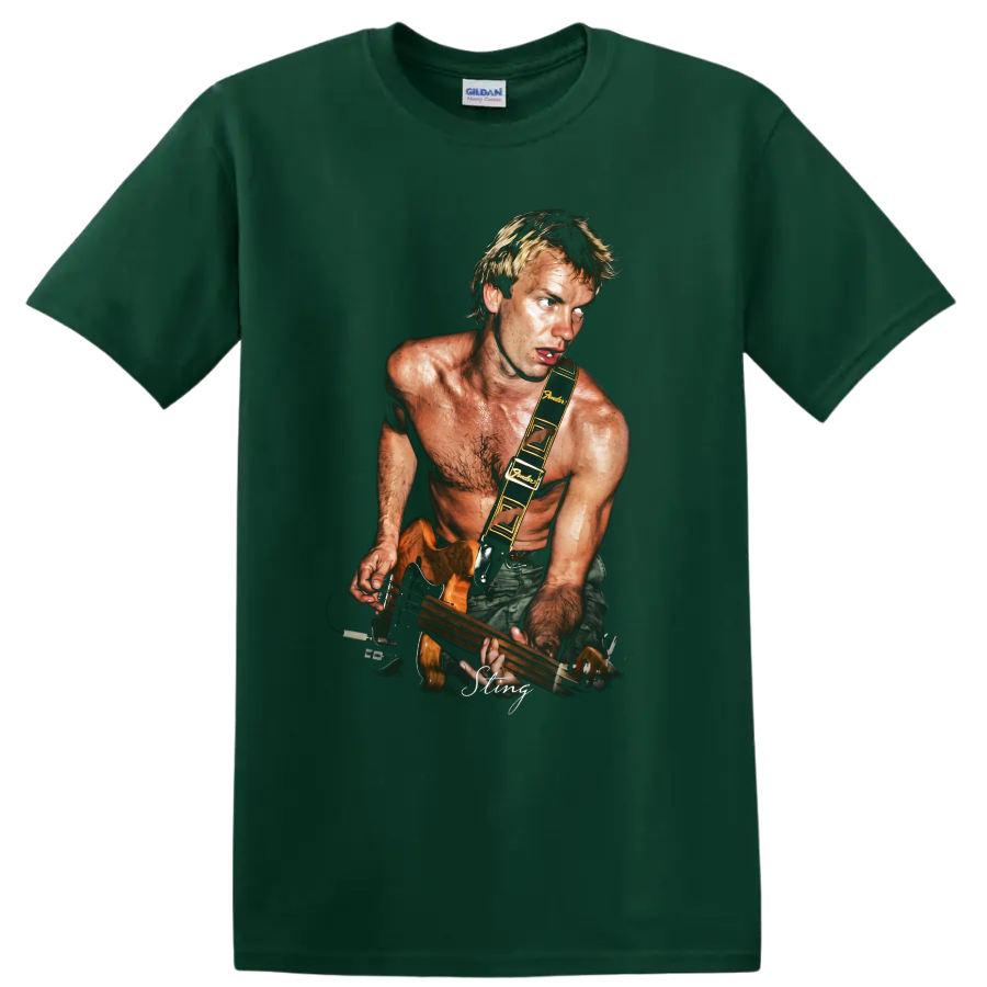 Sting playing a bass guitar in a dramatic rock music portrait on a Forest Green T Shirt