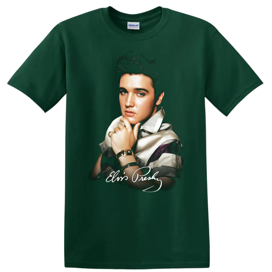 Elvis Presley pop art portrait with vintage rock and roll style on a Forest Green T Shirt