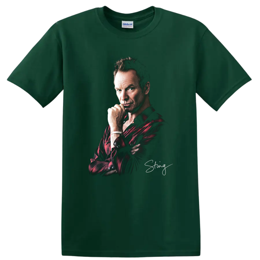 Sting portrait in red plaid shirt with signature-style graphic on a Forest Green T Shirt