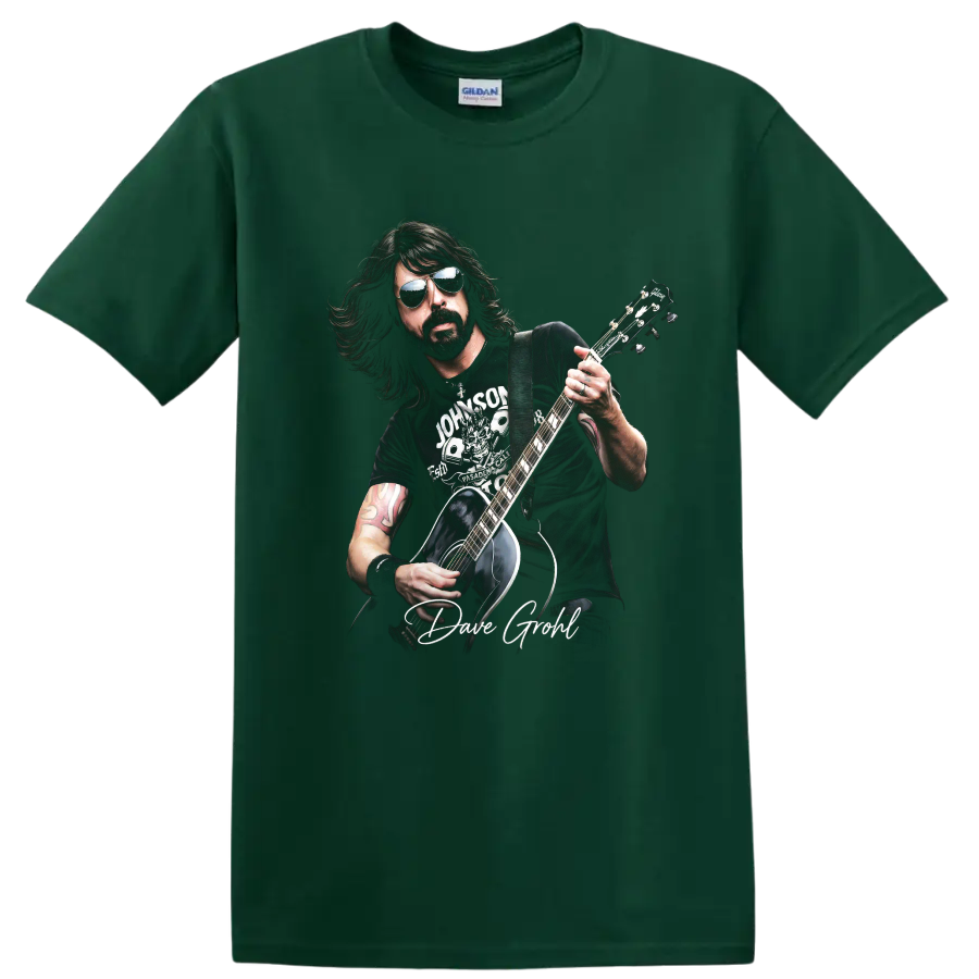 Dave Grohl guitar portrait graphic print on a Forest Green T Shirt