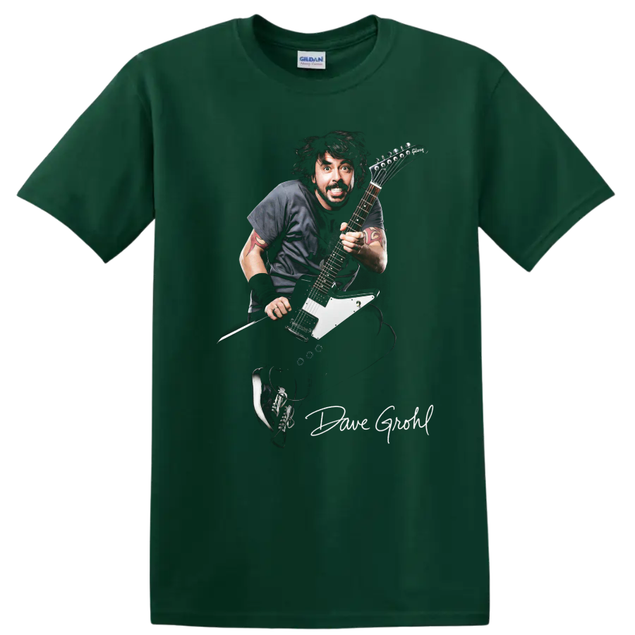 Dave Grohl Foo Fighters electric guitar rock performance graphic on a Forest Green T Shirt