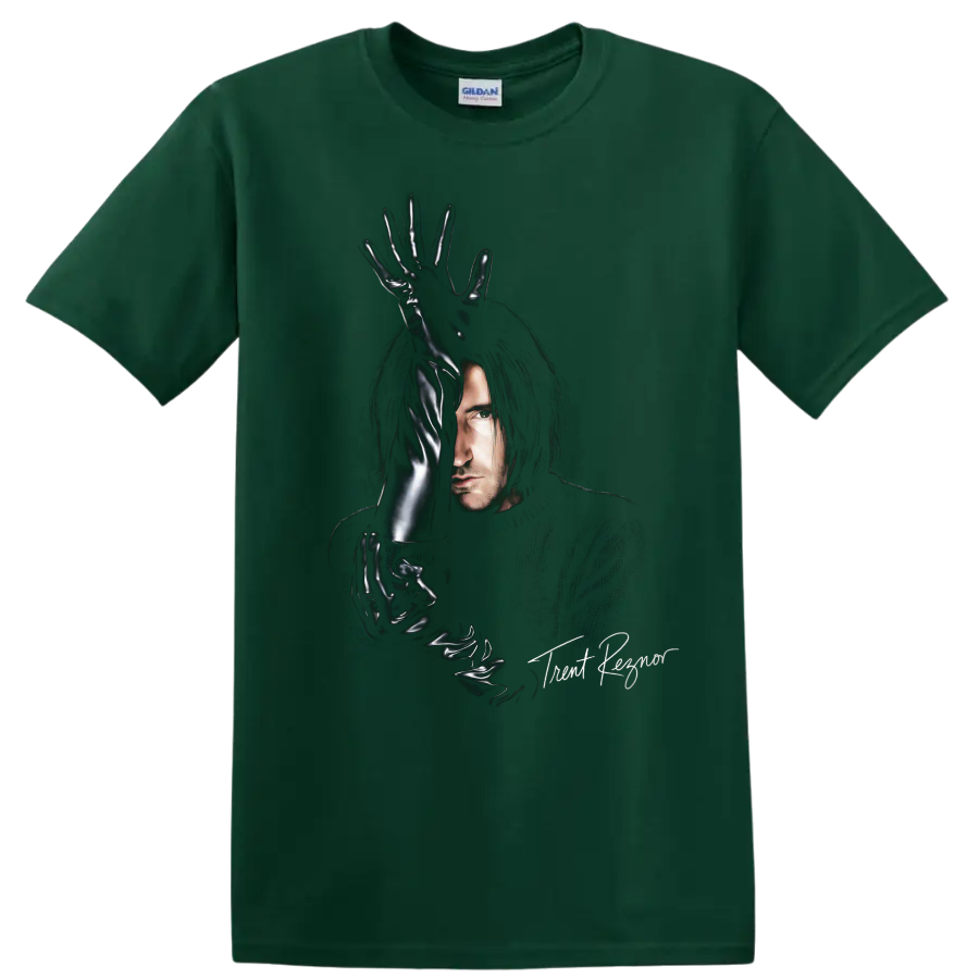 Trent Reznor portrait with glossy black gloves in an industrial rock graphic on a Forest Green T Shirt